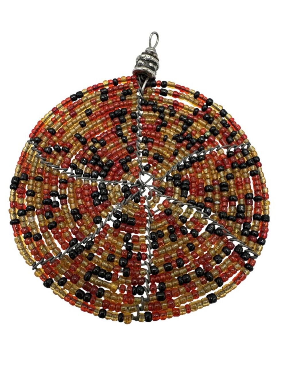 Chunky Seed Bead Pendant Disc Necklace Red Black Statement 3" Diameter Boho Art